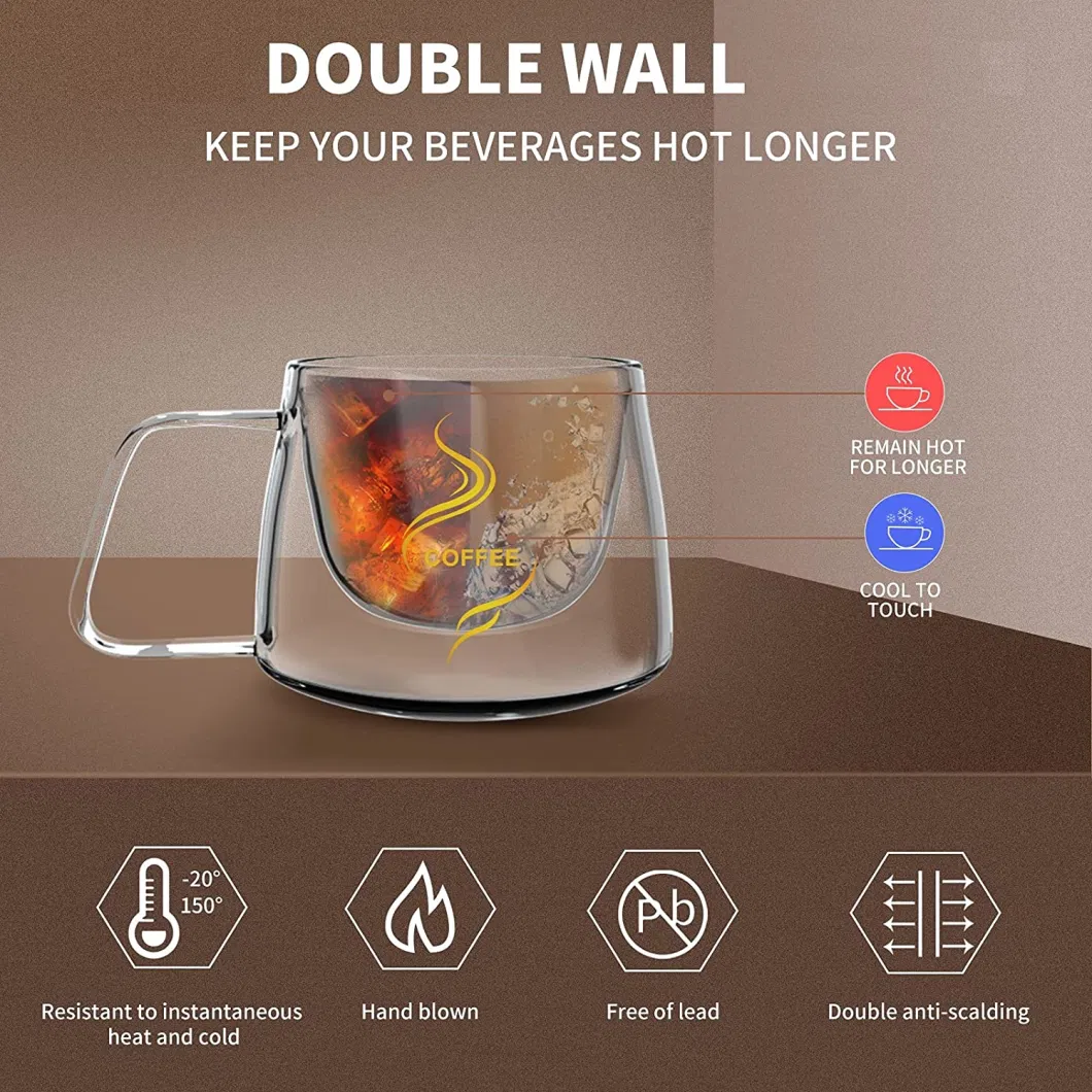 Double Wall 200ml/6.7oz Glass Coffee Mugs Resistant Clear Borosilicate Cups Espresso Cups Tea Cups Perfect for Latte Americano Cappuccino Tea Bag Insulated